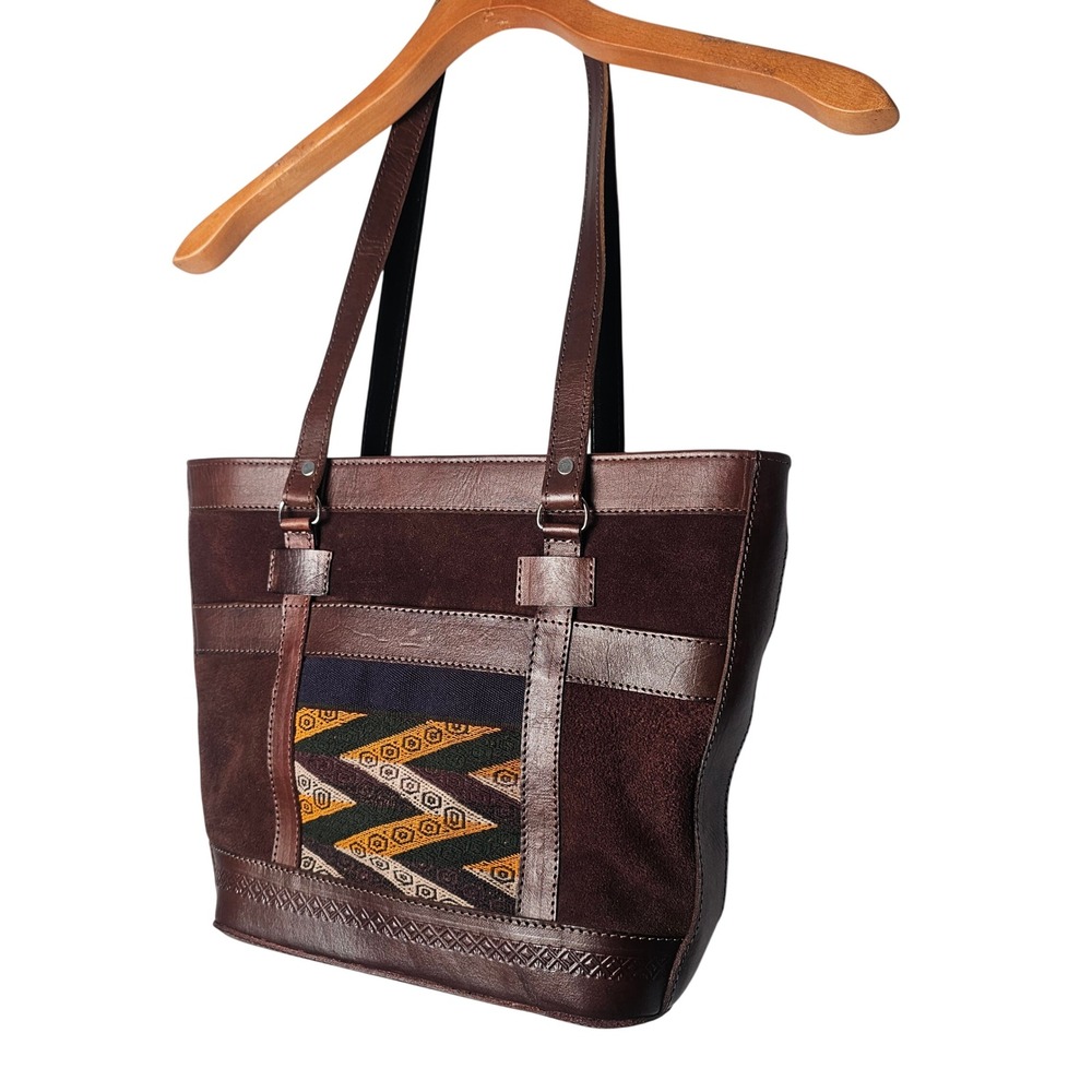 Handmade Bolivian Leather Suede Tote Bag Brown Geometric Woven Textile Artisan‎ - Picture 9 of 12